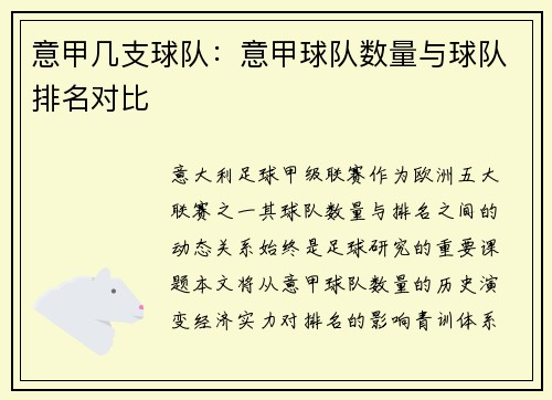 意甲几支球队：意甲球队数量与球队排名对比